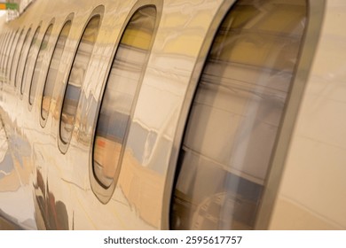 A plane with its windows open and a reflection of the sky in the