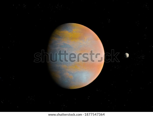 planet with atmosphere and solid\
surface in space with stars, realistic surface of alien\
planet.
