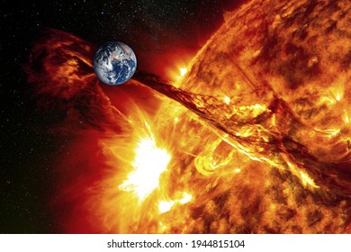 Planet Earth Against The Backdrop Of A Giant Sun, The Concept Of Solar Activity, Geomagnetic Storm. The Elements Of This Image Furnished By NASA.