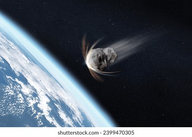 Planet Earth and big asteroid in outer space. Meteorite in outer space near Earth planet. Elements of this image furnished by NASA.