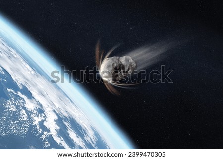 Planet Earth and big asteroid in outer space. Meteorite in outer space near Earth planet. Elements of this image furnished by NASA.