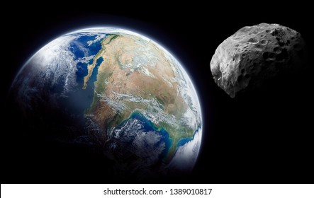 Planet Earth And Big Asteroid In The Space. Dark Background. Elements Of This Image Furnished By NASA