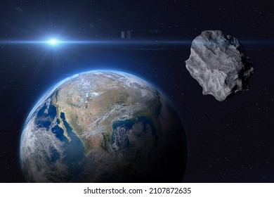 Planet Earth and big asteroid in the space. Potentially hazardous asteroids (PHAs). Asteroid in outer space near Earth planet. Elements of this image furnished by NASA. 
