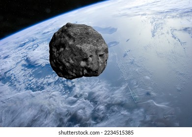 Planet Earth and big asteroid in the space. Asteroid in outer space near Earth planet. Meteorite on orbit of Earth. Ice meteor is solar system. Elements of this image furnished by NASA.
