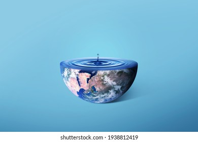 Planet Earth With Blue Water Waves And Drop, Creative Concept. Half Of The Planet With Water. Aqua And Life