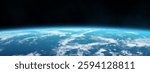 Planet Earth in dark open space. Amazing blue planet with world ocean and clouds in outer space on a starry sky. Wide horizontally, high resolution image. Elements of this image furnished by NASA
