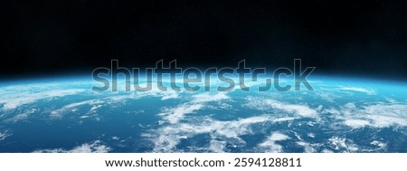 Planet Earth in dark open space. Amazing blue planet with world ocean and clouds in outer space on a starry sky. Wide horizontally, high resolution image. Elements of this image furnished by NASA
