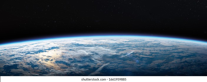 Planet Earth in dark outer space. Civilization. Wide horizontally image. Elements of this image furnished by NASA