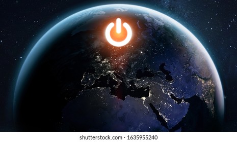 Planet Earth And Electric Power Button. Earth Hour Event. Earth Day. Ecology. Elements Of This Image Furnished By NASA	
