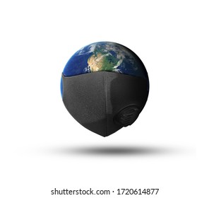 Planet Earth With Face Mask Protect Isolated On White Background. With Clipping Path. The Mask Used For Dust Protection Of Airborne Particles Corona Virus. Elements Of This Image Furnished By NASA.