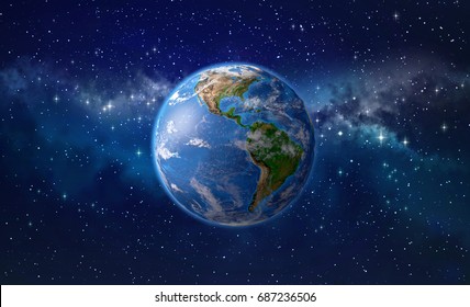 Planet Earth focused on America, star cluster and nebula in outer space. 3D illustration - Elements of this image furnished by NASA