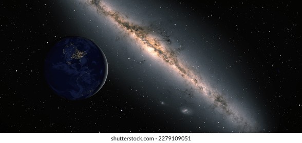 Planet Earth in front of the Milky Way galaxy "Elements of this image furnished by NASA " - Powered by Shutterstock