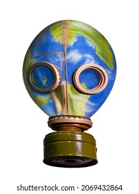 Planet earth globe with toxic gas face mask on planet pollution concept.( the planet earth is a physical hand made model and digital post editited by the photographer )