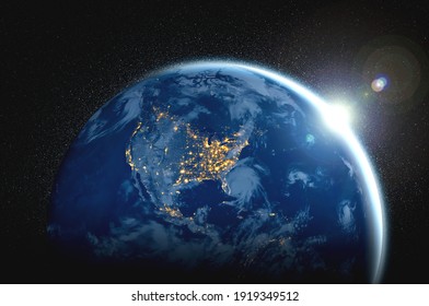 Planet earth globe view from space showing realistic earth surface and world map as in outer space point of view . Elements of this image furnished by NASA planet earth from space photos. - Shutterstock ID 1919349512