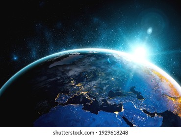 Planet earth globe view from space showing realistic earth surface and world map as in outer space point of view . Elements of this image furnished by NASA planet earth from space photos. - Shutterstock ID 1929618248