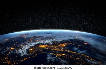 Planet earth globe view from space showing realistic earth surface and world map as in outer space point of view . Elements of this image furnished by NASA planet earth from space photos. - Shutterstock ID 1932166292