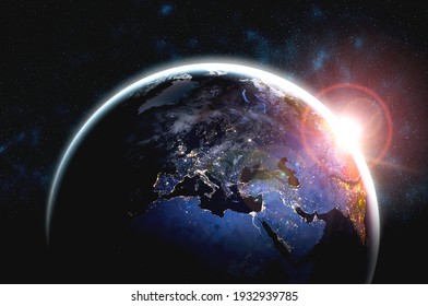 Planet earth globe view from space showing realistic earth surface and world map as in outer space point of view . Elements of this image furnished by NASA planet earth from space photos. - Shutterstock ID 1932939785