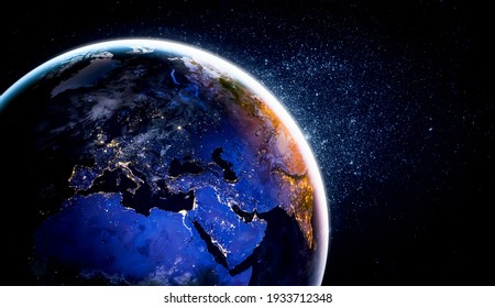 Planet earth globe view from space showing realistic earth surface and world map as in outer space point of view . Elements of this image furnished by NASA planet earth from space photos. - Shutterstock ID 1933712348