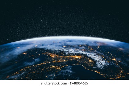 Planet earth globe view from space showing realistic earth surface and world map as in outer space point of view . Elements of this image furnished by NASA planet earth from space photos. - Shutterstock ID 1948064665