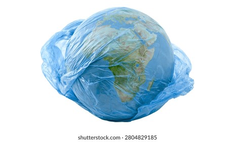 Planet Earth globe wrapped in thin blue plastic bag