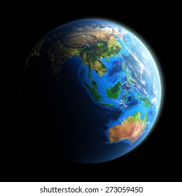Planet Earth isolated on black. Detailed picture of the Earth, view of Asian and Australian continent. Elements of this image furnished by NASA