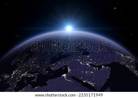 Planet Earth At Night. Africa, Europe, Asia at night viewed from space with city lights. Italy, Germany, Italy, Turkey, Egypt, Israel, Saudi Arabia. This image This image elements furnished by NASA.