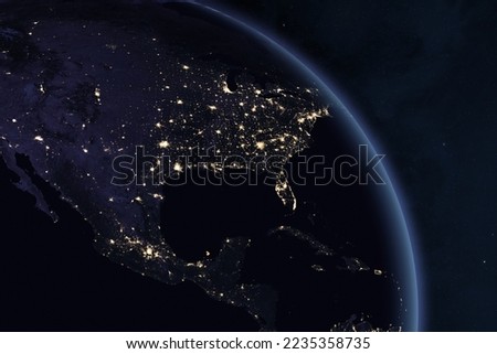 Planet Earth At Night. North and Central America at night viewed from space with city lights. USA, Canada, Mexico, Cuba, Jamaica, Bahamas, Belize, Guatemala.This image elements furnished by NASA.