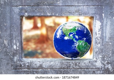 Planet Earth On The Edge Of Old Window Concrete, The World At Risk And Safe The Environment Concept, Elements Of This Image Furnished By NASA