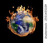 Planet Earth on fire against black background. Conceptual image for global warming. Image elements furnished by NASA