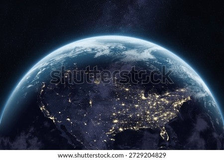 Planet Earth in outer space. North America. Night on planet with cities lights. United States, Canada, Mexico at night viewed from space. Nightly Earth. Elements of this image furnished by NASA.