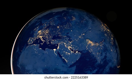 Planet earth photo at night on black background, City Lights of Africa, Europe, and the Middle East from space, World map at night, HD satellite image. Elements of this image furnished by NASA. - Shutterstock ID 2225163389