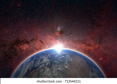 Planet Earth In Red Galaxy, Elements Of This Image Furnished By NASA. Concept Science, Space, Parallel Universe.