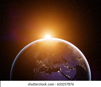 Planet Earth With Rising Sun, View From Space. Elements Of This Image Furnished By NASA