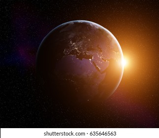 Planet Earth With Rising Sun, View From Space. Elements Of This Image Furnished By NASA