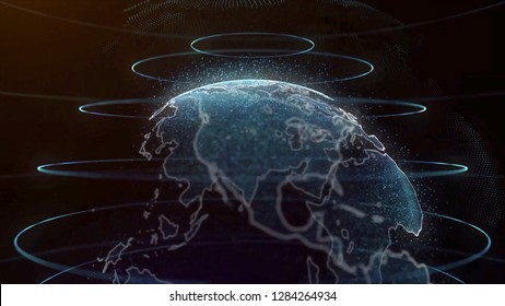 Planet earth rotating animation future technology business concept. Digital shiny globe of Earth. Rotation of glossy planet with glowing particles