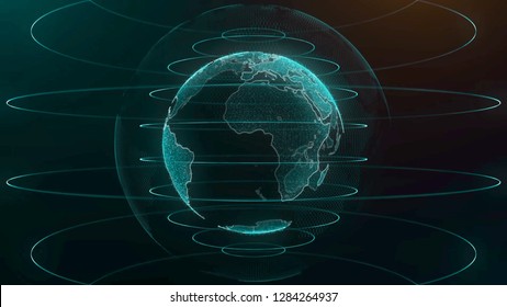 Planet earth rotating animation future technology business concept. Digital shiny globe of Earth. Rotation of glossy planet with glowing particles