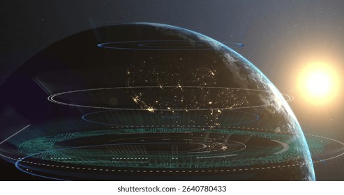 Planet Earth rotating in outer space, with holographic rings, data grids and sun glow, copy space. Space, technology, futurism, data visualization, cosmos, global connectivity, digital - Powered by Shutterstock - Get 15% off with code: PIKWIZARD15