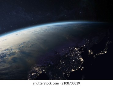 Planet Earth from the space at night. Asia at night with city lights in China, Taiwan, India, Japan, Thailand, South Korea, Vietnam and other countries. Elements of this image furnished by NASA.