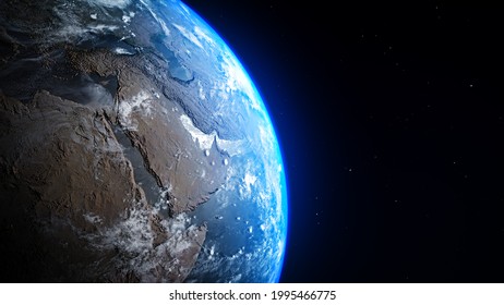 Planet earth from space, zoom in to the middle east, Saudi Arabia, world skyline, globe