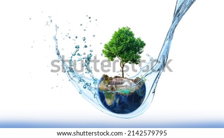 Planet Earth splashing in water surface isolated on white, environment and save earth concept. Element of this image furnished by Nasa