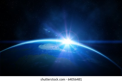 Planet earth with sunrise in space - Shutterstock ID 64056481