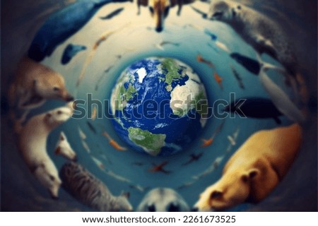 Planet earth and various animals. Biodiversity. Environmental protection.
