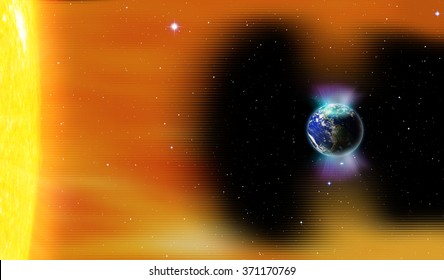 Planet Earth's Magnetic Field Against Sun's Solar Wind And Aurora 