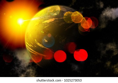 Planet (for example, Mars) and Sun in parade. Sunbeams in form of bright circles. Fantasy style, space fantasy.