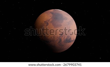 Planet Mars in deep space with glowing surface textures and scattered stars around, realistic red planet astronomy design for science, cosmos, exploration, solar system and galaxy concept