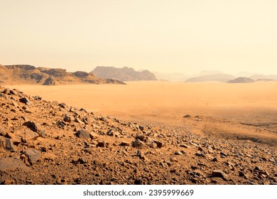 Planet Mars like landscape - Photo of Wadi Rum desert in Jordan with red pink sky above, this location was used as set for many science fiction movies