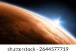 Planet Mars view from outer space. Panoramic view of the planet Mars and the sun. Space background. Elements of this image furnished by NASA.