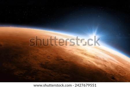 Planet Mars view from outer space. Panoramic view of the planet Mars and the sun. Space background.
