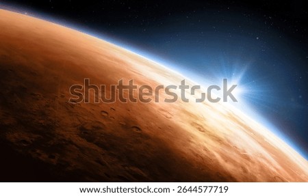 Planet Mars view from outer space. Panoramic view of the planet Mars and the sun. Space background. Elements of this image furnished by NASA.