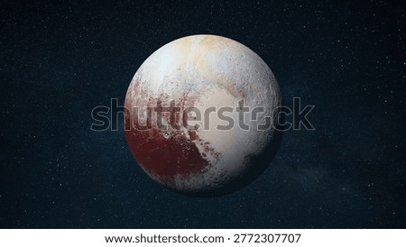 planet Pluto, featuring its iconic heart-shaped glacier and reddish-brown rocky surface. The planet is centered against a dark, vast backdrop of twinkling stars. 
